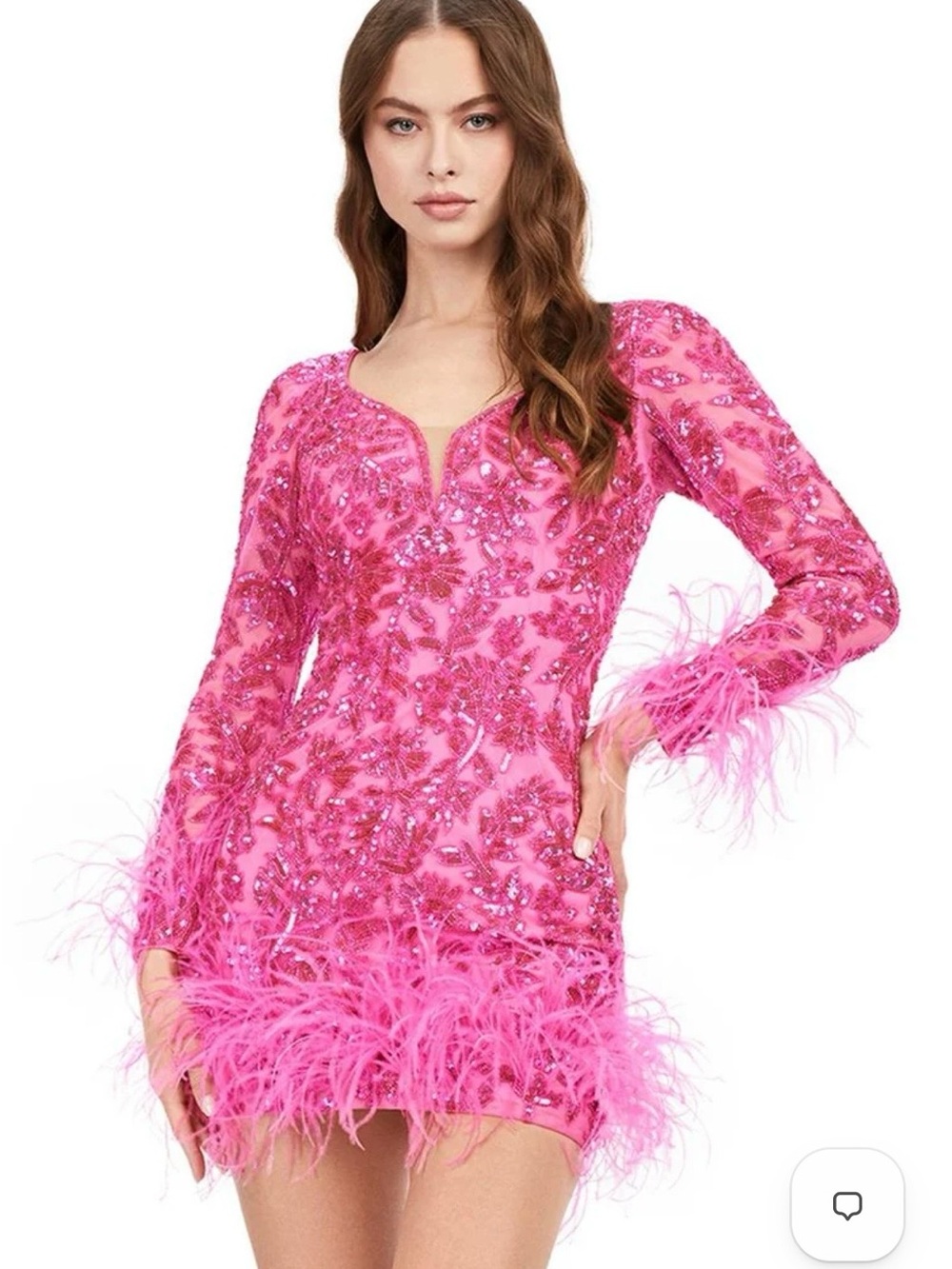 676. Ashley Lauren 4616 Hot Pink Embellished Feather-Trim Long Sleeve Dress